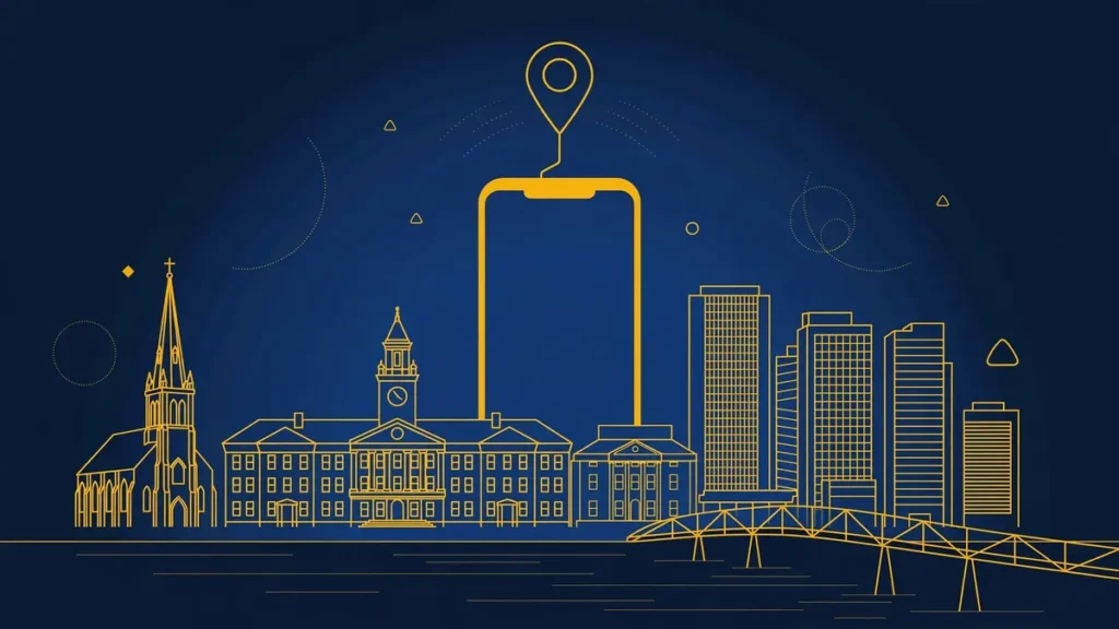 Illustration: New Brunswick skyline with smartphone and map pin — 732 area code guide