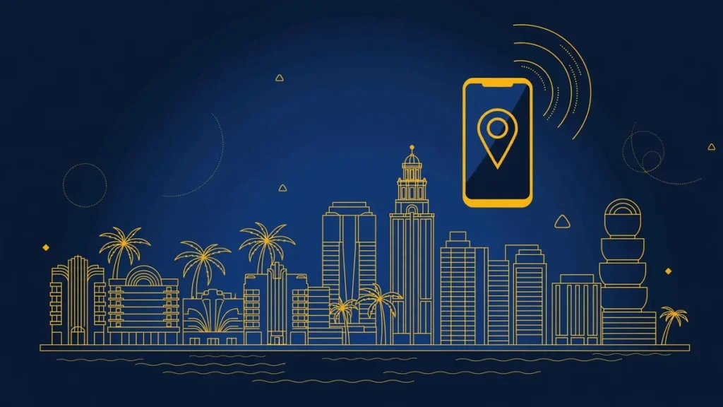 Illustration: Miami skyline with smartphone and map pin — 786 area code guide