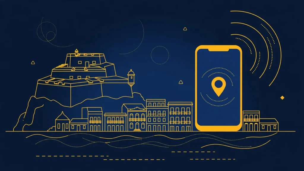 Illustration: San Juan skyline with smartphone and map pin — 787 area code guide