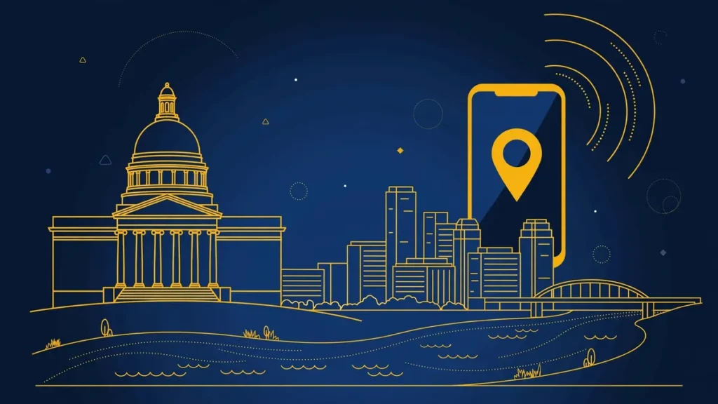Illustration: Richmond skyline with smartphone and map pin — 804 area code guide
