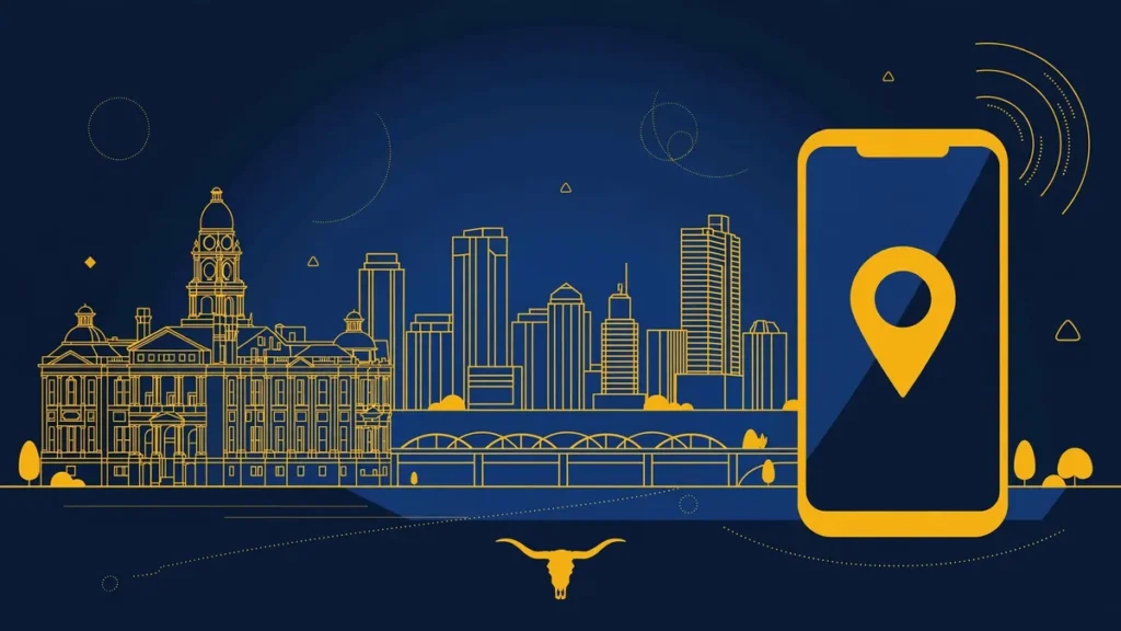 Illustration: Fort Worth skyline with smartphone and map pin — 817 area code guide