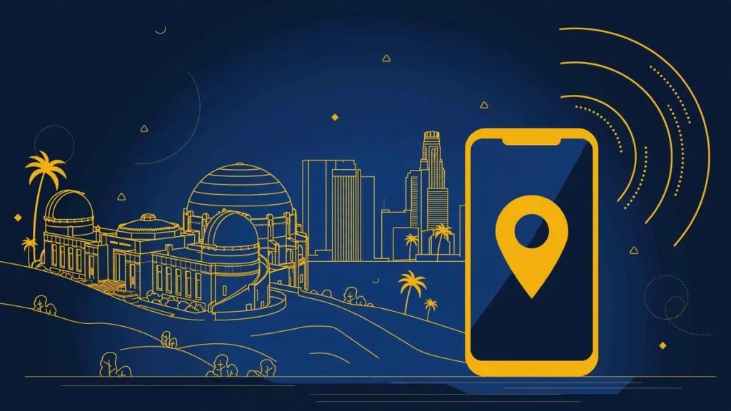Illustration: Los Angeles skyline with smartphone and map pin — 818 area code guide