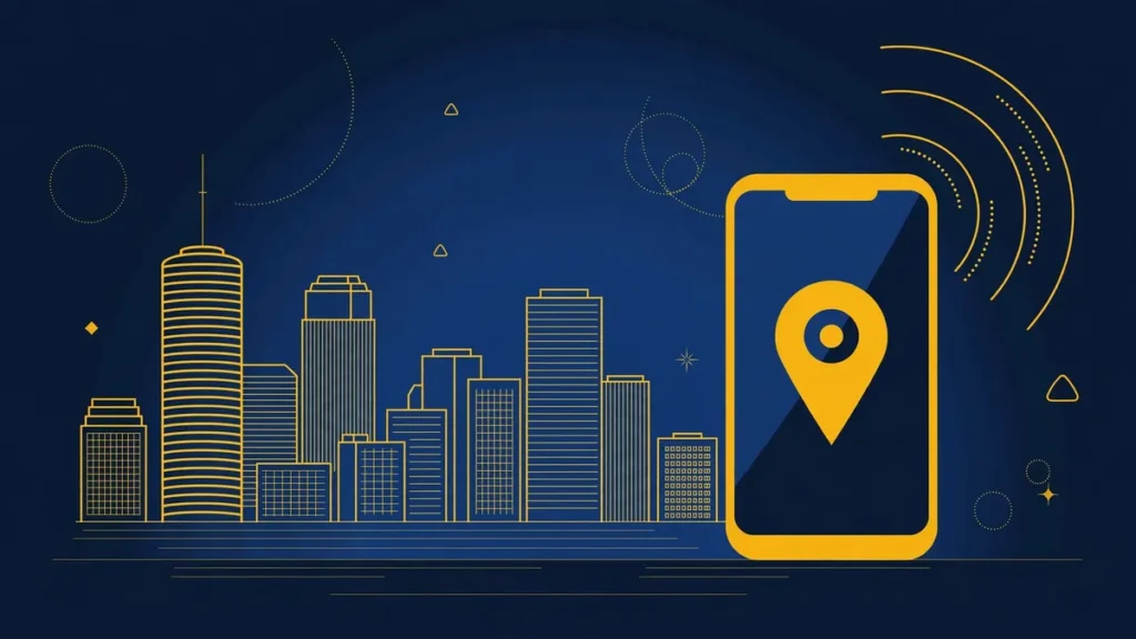Illustration: Houston skyline with smartphone and map pin — 832 area code guide