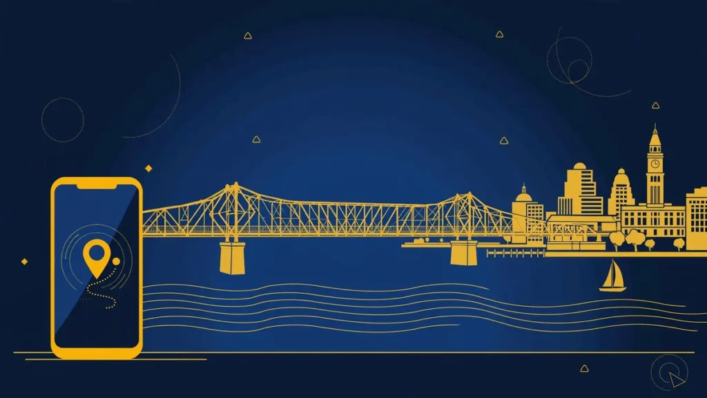Illustration: Poughkeepsie skyline with smartphone and map pin — 845 area code guide