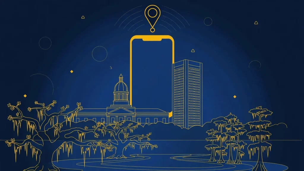 Illustration: Tallahassee skyline with smartphone and map pin — 850 area code guide
