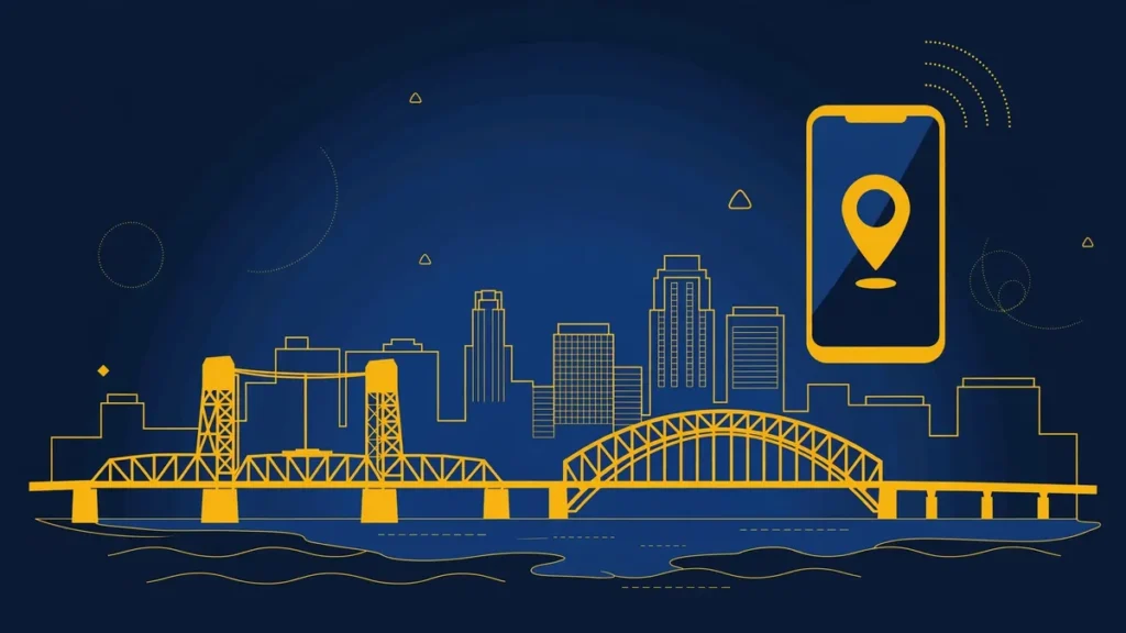 Illustration: Jacksonville skyline with smartphone and map pin — 904 area code guide