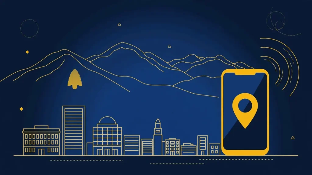 Illustration: San Bernardino skyline with smartphone and map pin — 909 area code guide