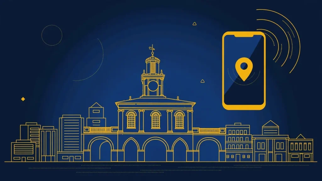 Illustration: Fayetteville skyline with smartphone and map pin — 910 area code guide