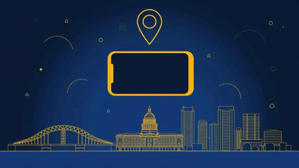 Illustration: Sacramento skyline with smartphone and map pin — 916 area code guide