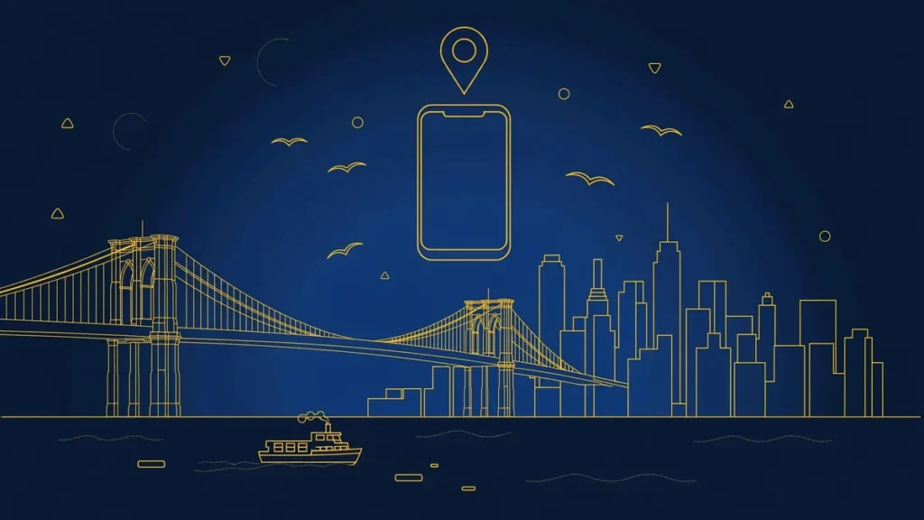 Illustration: New York City skyline with smartphone and map pin — 917 area code guide