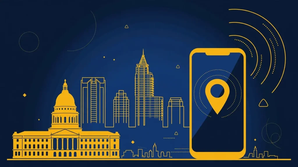 Illustration: Raleigh skyline with smartphone and map pin — 919 area code guide