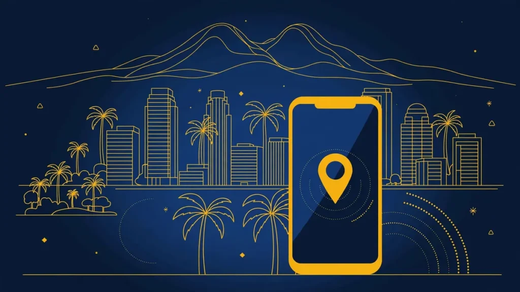 Illustration: Irvine skyline with smartphone and map pin — 949 area code guide